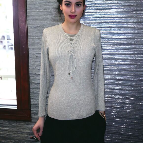 MICHAEL by Michael Kors Metallic Silver Pullover Top Ribbed Sweater Sz L - Picture 1 of 7